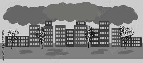Vector illustration with polluted city with air emissions. Sad city landscape chimneys emit smoke harmful emissions polluted air poor ecology in the city. Air pollution in modern city concept
