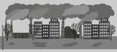 Vector illustration with polluted city with air emissions. Sad city landscape chimneys emit smoke harmful emissions polluted air poor ecology in the city. Air pollution in modern city concept