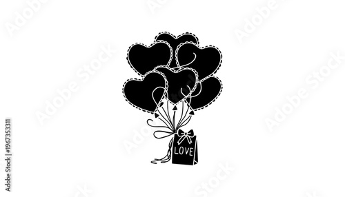A heartwarming illustration of black heart balloons tied with a love gift