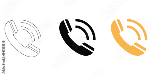 Three communication icons: outline, black, and orange telephone receiver with sound waves
