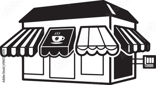 Vector art of a small store building with awning isolated on white background.