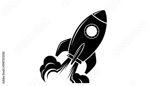 Stylized black rocket silhouette with round porthole window and dynamic flame plume space travel vector illustration