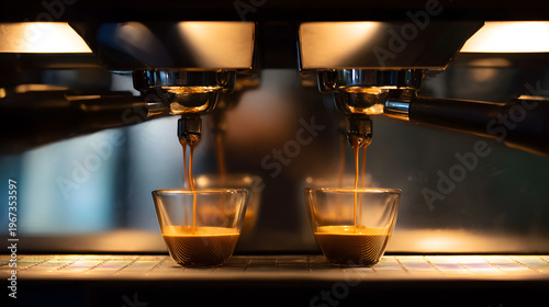 Double espresso stream espresso shot coffee crema espresso machine portafilter glass demitasse coffee pour coffee extraction barista workstation
