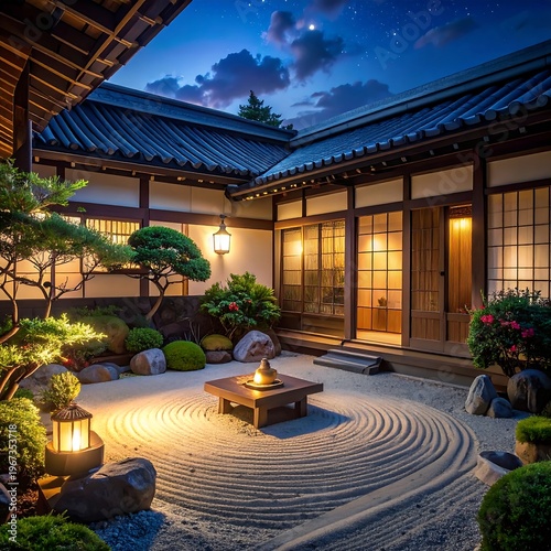 Serene Japanese garden at dusk with a fire pit