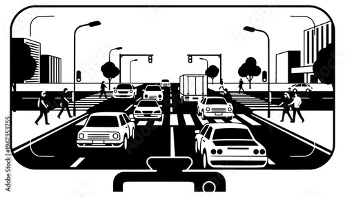 Car rearview mirror showing a busy city street with vehicles and pedestrians