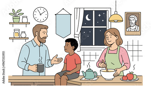 Family talking and cooking together in a modern kitchen at night