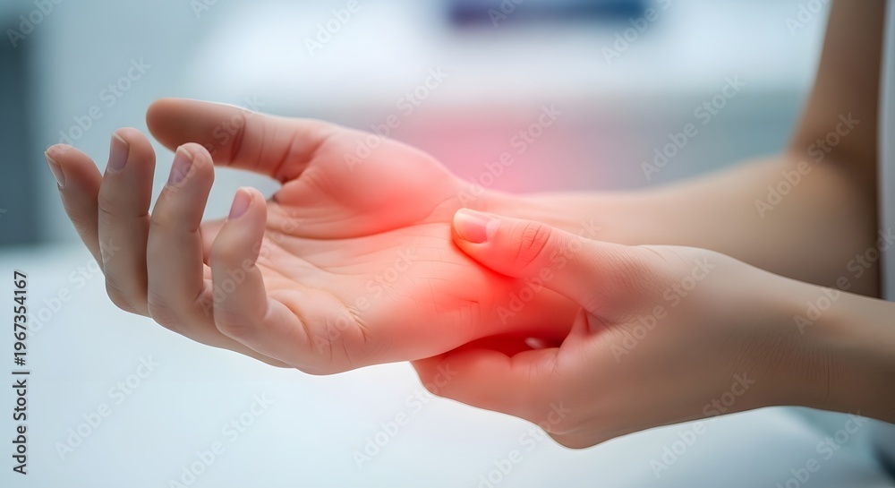 Fototapeta premium Wrist pain and carpal tunnel syndrome relief. Hand massage and physical therapy. Person rubbing a painful wrist with a red glowing area of inflammation