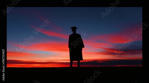 Graduation Ceremony at Sunset With a Graduate in Cap and Gown Standing on the...