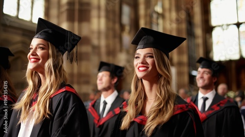 Students Celebrate Graduation Day in a Large Hall With Friends and Family Pre...