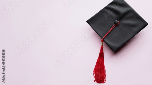 Graduation Cap With Red Tassel on a Light Pink Background During a Celebratio...