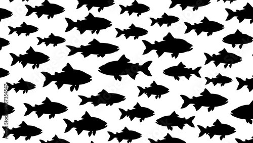 Black fish silhouette seamless pattern, monochromatic aquatic animal background, repeating school of fish vector illustration for textile design
