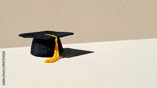 Graduation Cap With Red Tassel on a Light Pink Background During a Celebratio...
