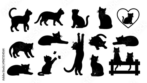 Black cat silhouettes collection, 14 feline vector elements in various poses, domestic cat icons set for pet branding and animal lovers