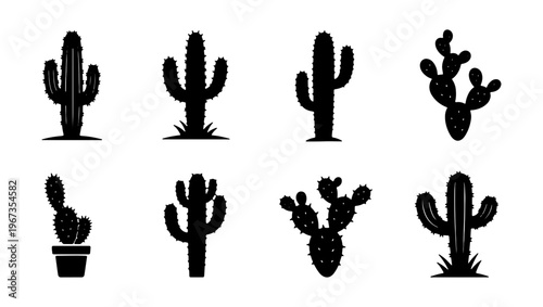 Black cactus silhouette collection, set of 8 desert plant icons, saguaro and prickly pear vector elements for western landscape design
