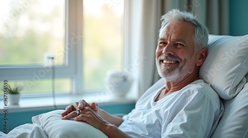 Cheerful elderly man smiling while resting comfortably in bed near window with natural sunlight