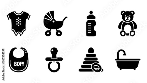 Minimalist baby icon set with 8 black solid vectors, newborn care and nursery essentials collection, infant accessories for parenting apps