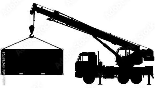 Crane truck silhouette lifting a heavy load with a long boom