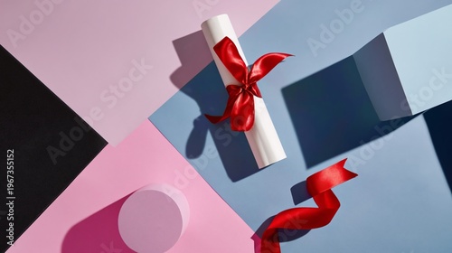 Graduation Cap and Diploma With Red Ribbon on Green Background and Flowers Ne...