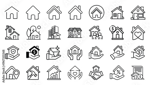 Modern Real Estate Line Icon Set, House Property Vector Collection, Home Insurance Mortgage Investment Architecture Outline Icons Pack for UI UX Web App Design