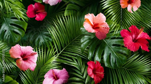 Colorful Hibiscus Flowers Among Green Leaves in a Tropical Setting During Day...
