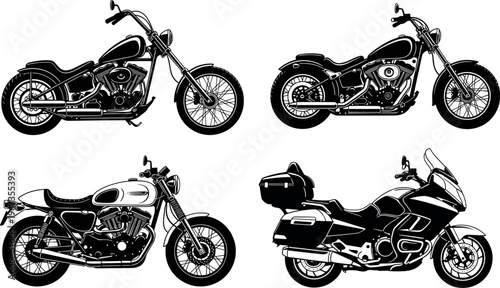 Illustration of Various Motorcycles in Different Styles for Vehicle, Transportation, and Bike Designs
