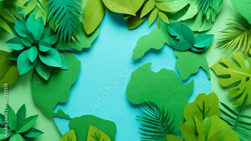 Creative Paper Art Display of the Earth With Green Leaves and Plants in a Vibrant Setting