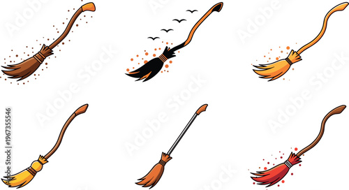 Magic Broom Illustration Set with Flying Broomstick Designs Fantasy Witch Broom Collection for Halloween Spooky Theme and Vector Graphic Design.
