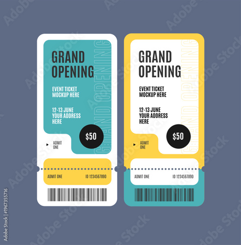 Realistic Detailed 3d Grand Opening Event Entry Tickets Colored Template Mockup Set with Date and Address. Vector illustration of Pass
