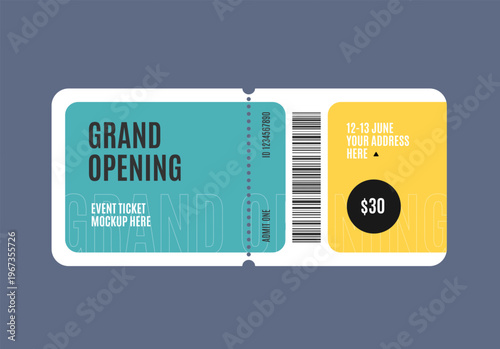 Realistic Detailed 3d Grand Opening Event Entry Tickets Colored Template Mockup Modern Design. Vector illustration