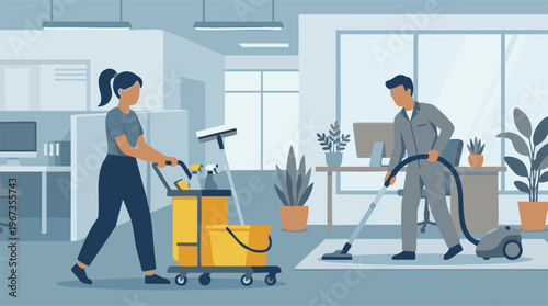Professional cleaning staff performing tasks in a modern office environment