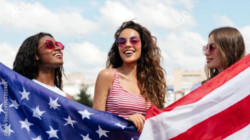 Friends Celebrate With Flags and Smiles During Summer Day in a City Setting W...