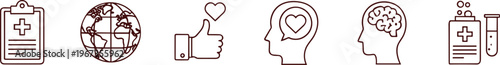 Global Health and Mental Wellness Icon Set with Medical Clipboard Earth Globe Thumbs Up Heart Brain Psychology and Laboratory Research