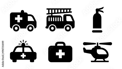 Emergency services icon set with 6 black vector elements, ambulance and fire truck symbols, police car and medical kit graphics for safety apps