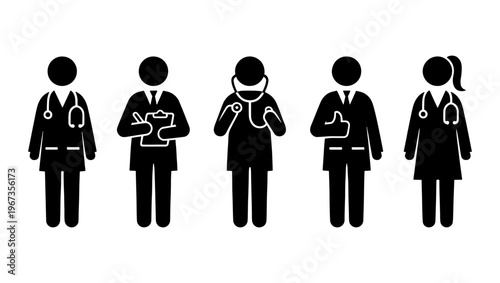 Medical doctor icon set, healthcare professional silhouettes with stethoscope and clipboard, 5 black vector pictograms for hospital staff