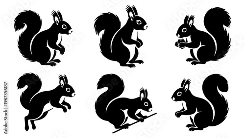 Black squirrel silhouette collection, set of 6 forest animal vector icons, minimalist wildlife squirrel graphics for nature branding and logos