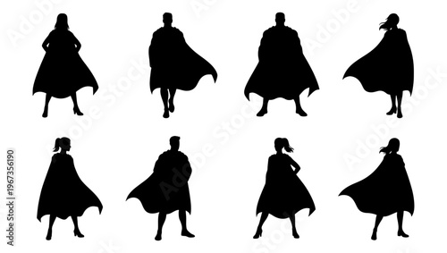 Superhero silhouette collection, set of 8 powerful male and female heroes in capes, heroic character outlines for comic book design and leadership concepts