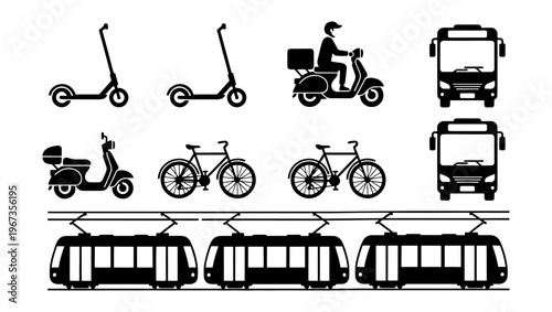Urban transportation icons set, black silhouette city vehicles including bus and tram, electric scooter and bicycle vector elements for transit maps
