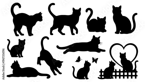 Black cat silhouettes collection, set of feline animal shapes in various poses, domestic kitten vector icons for pet shop branding and decor