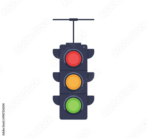 Road traffic signal lamp with vertical design showing red yellow green lights for stopping warning and movement permission, urban semaphore flat vector illustration isolated on white background.