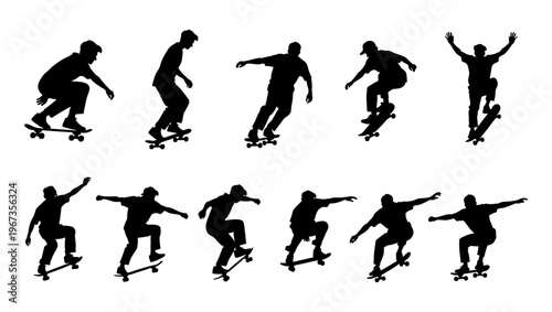 Skateboarder silhouette collection, 11 vector elements of skaters performing tricks, urban street sports and extreme skateboarding action poses