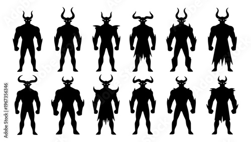 Demon silhouette collection with 12 horned warrior figures, dark fantasy monster character set, black devil creature icons for game design