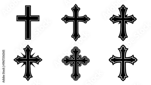 Gothic Christian cross collection, 6 black religious vector icons, ornate medieval crucifix set for tattoos and church branding
