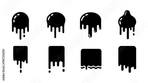 Black dripping liquid silhouettes, set of 8 melting paint and oil drop icons, glossy ink splatter and gooey slime vector elements