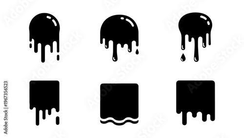 Black dripping liquid silhouettes set, 6 vector paint drip icons, melting ink and oil splash shapes, glossy slime and gooey fluid droplets