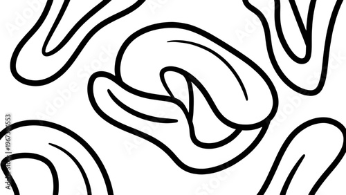 Minimalist abstract line art pattern, organic fluid shapes in black and white, modern hand-drawn doodle vector illustration for textile design