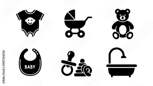 Baby care icon set with 6 black solid vector elements, newborn essentials collection including stroller and teddy bear, nursery equipment symbols
