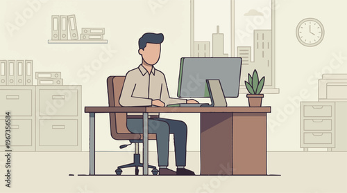 Professional Man Working on Desktop Computer in Contemporary Office Illustration