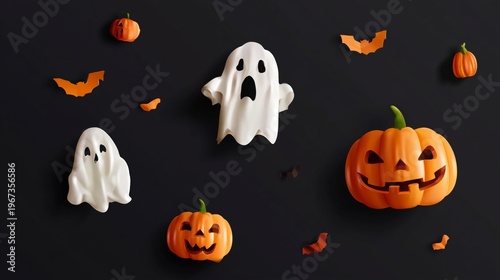 Halloween Decorations on a Dark Wall Featuring Ghosts, Pumpkins, and Bats