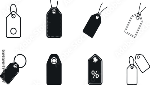 Price Tag Icon Set with Sale Labels Discount Tags and Retail Pricing Symbols Minimal Black Outline and Solid Collection for Shopping and E Commerce Vector Design.