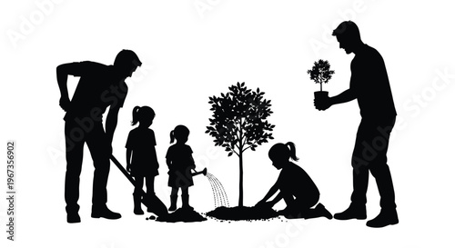 A family plants a small tree together in a garden showcasing a heartwarming outdoor scene silhouette high quality professional detailed modern